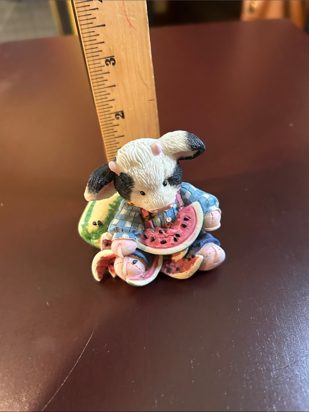 Mary Moo cute Black & White Cow figurine with Watermelon -